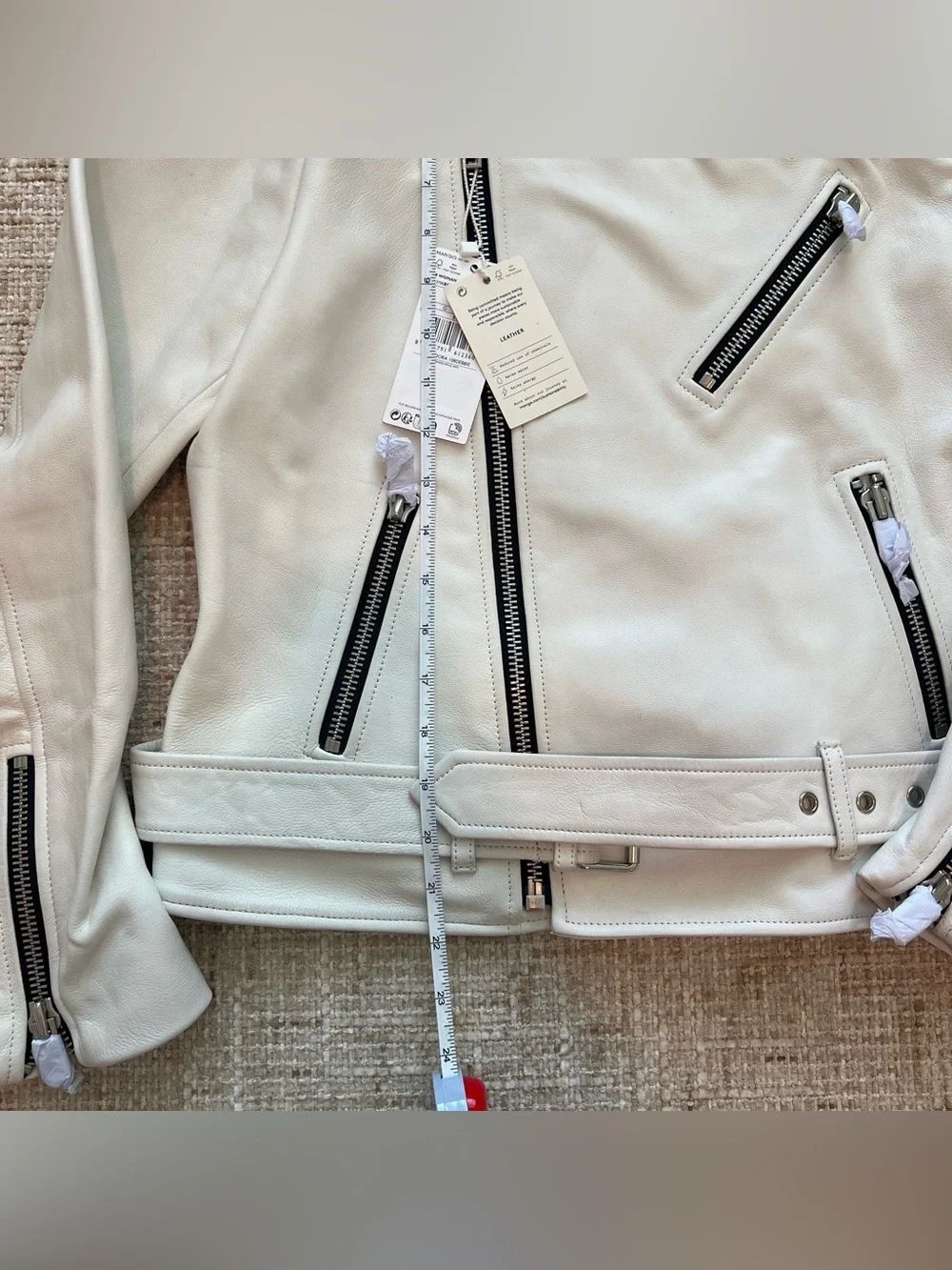 MANGO women White Sheep Leather Biker Jacket L